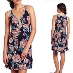 2/$15 Lucky Brand Embroidered Floral Cotton Dress Blue V-Neck Sleeveless Size S